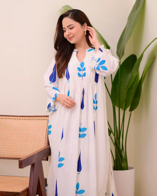 White Blue Handblock Printed Premium Mul Cotton Kurta Set
