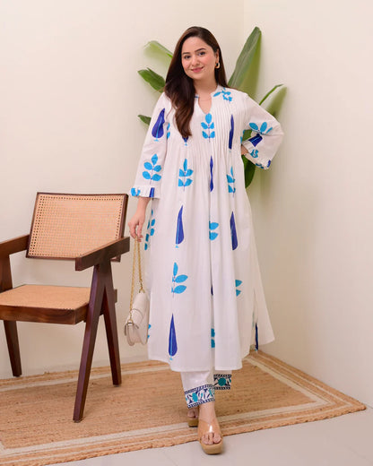 White Blue Handblock Printed Premium Mul Cotton Kurta Set