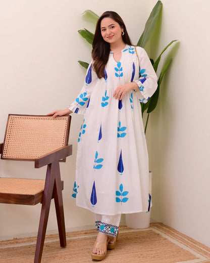 White Blue Handblock Printed Premium Mul Cotton Kurta Set