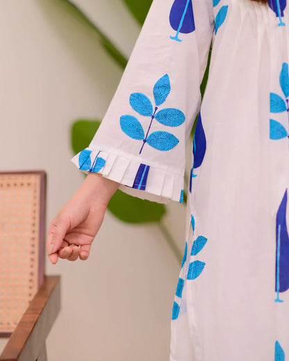 White Blue Handblock Printed Premium Mul Cotton Kurta Set