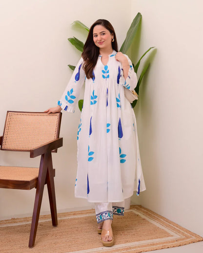 White Blue Handblock Printed Premium Mul Cotton Kurta Set