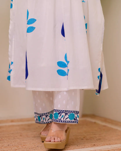 White Blue Handblock Printed Premium Mul Cotton Kurta Set