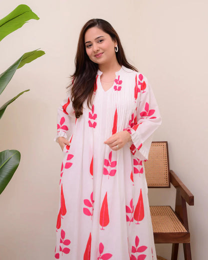 White Red Handblock Printed Premium Mul Cotton Kurta Set