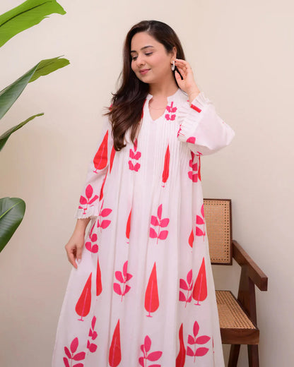 White Red Handblock Printed Premium Mul Cotton Kurta Set