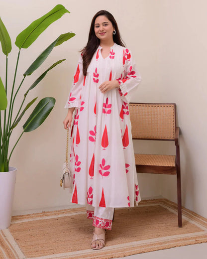 White Red Handblock Printed Premium Mul Cotton Kurta Set