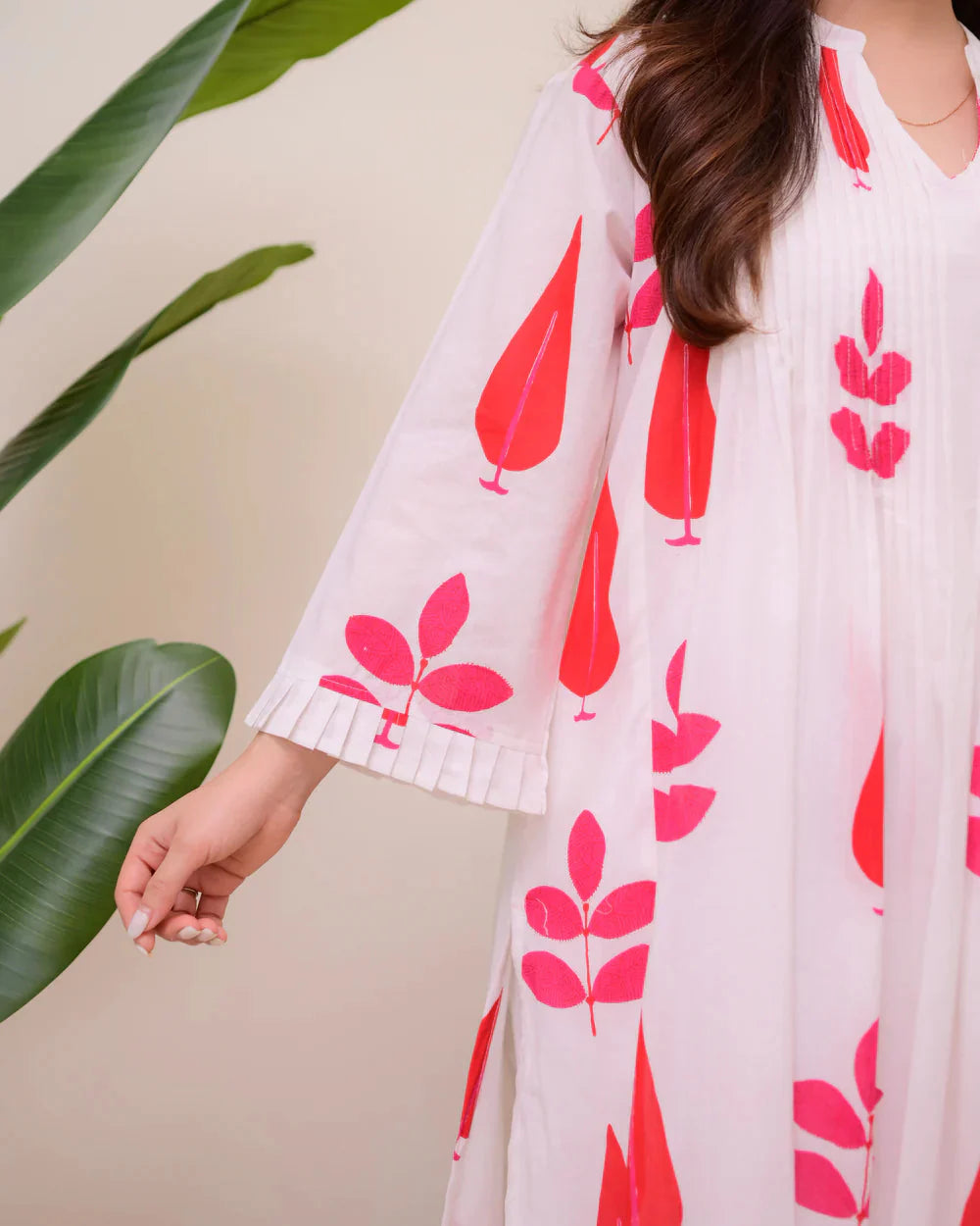 White Red Handblock Printed Premium Mul Cotton Kurta Set