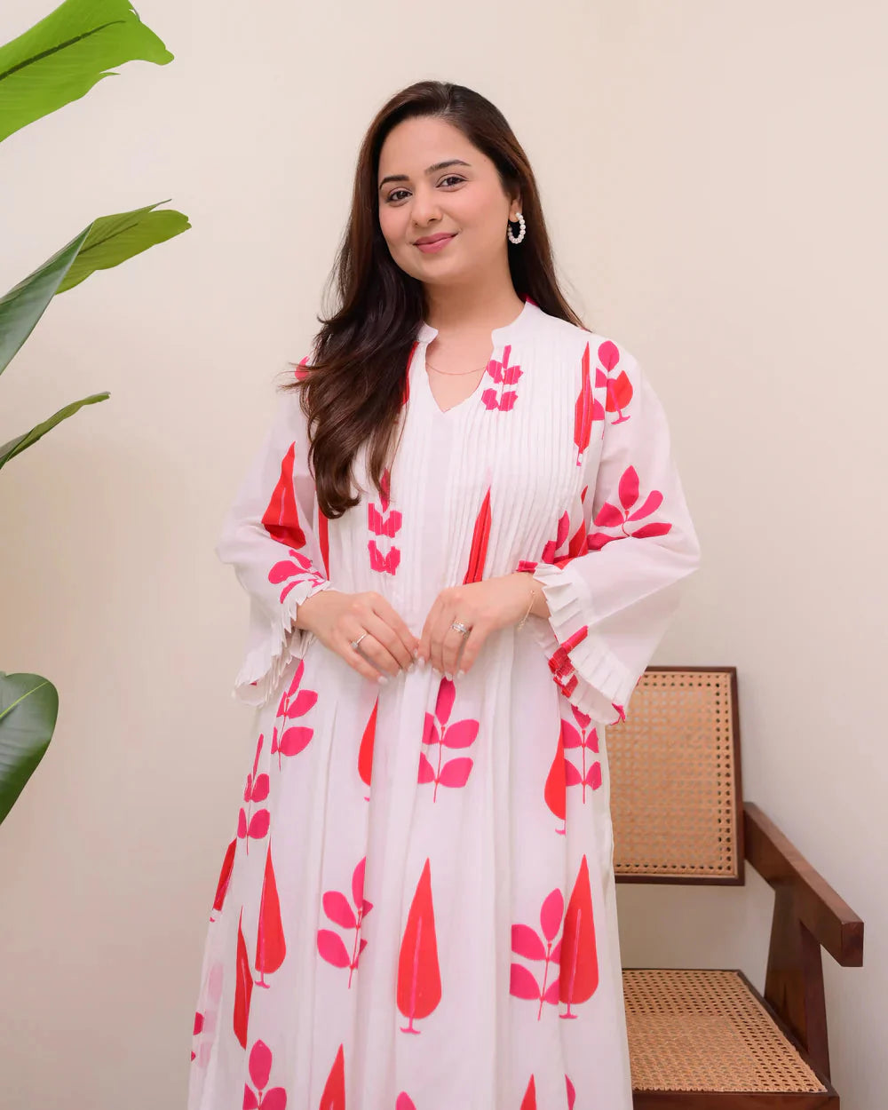 White Red Handblock Printed Premium Mul Cotton Kurta Set