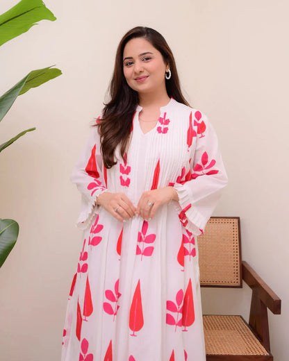 White Red Handblock Printed Premium Mul Cotton Kurta Set