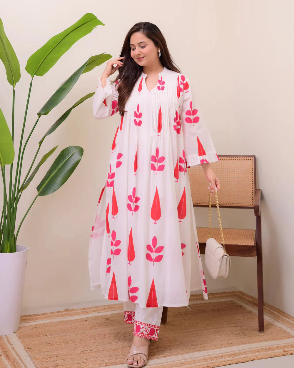 White Red Handblock Printed Premium Mul Cotton Kurta Set