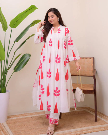 White Red Handblock Printed Premium Mul Cotton Kurta Set