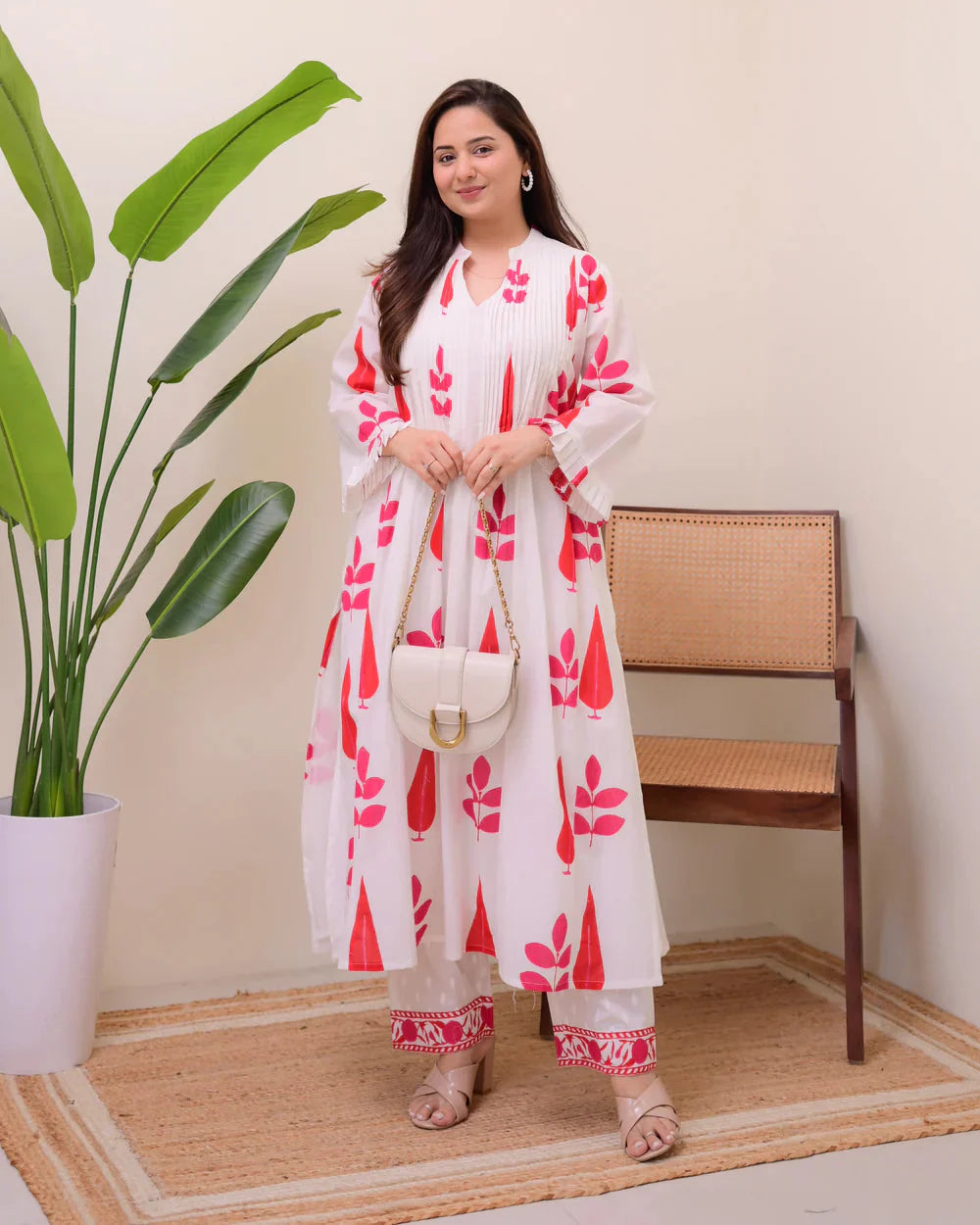White Red Handblock Printed Premium Mul Cotton Kurta Set