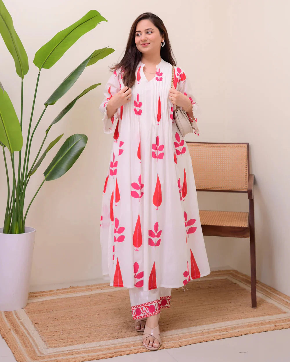 White Red Handblock Printed Premium Mul Cotton Kurta Set