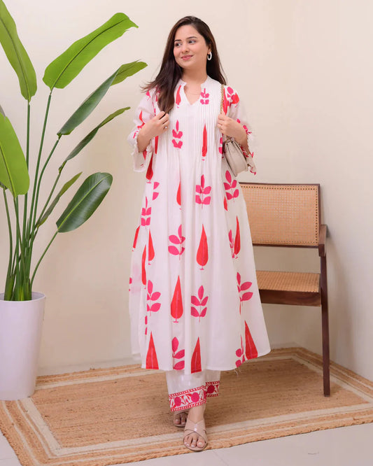 White Red Handblock Printed Premium Mul Cotton Kurta Set