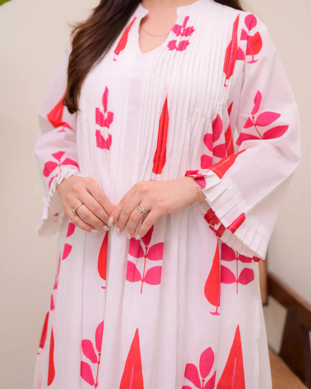 White Red Handblock Printed Premium Mul Cotton Kurta Set