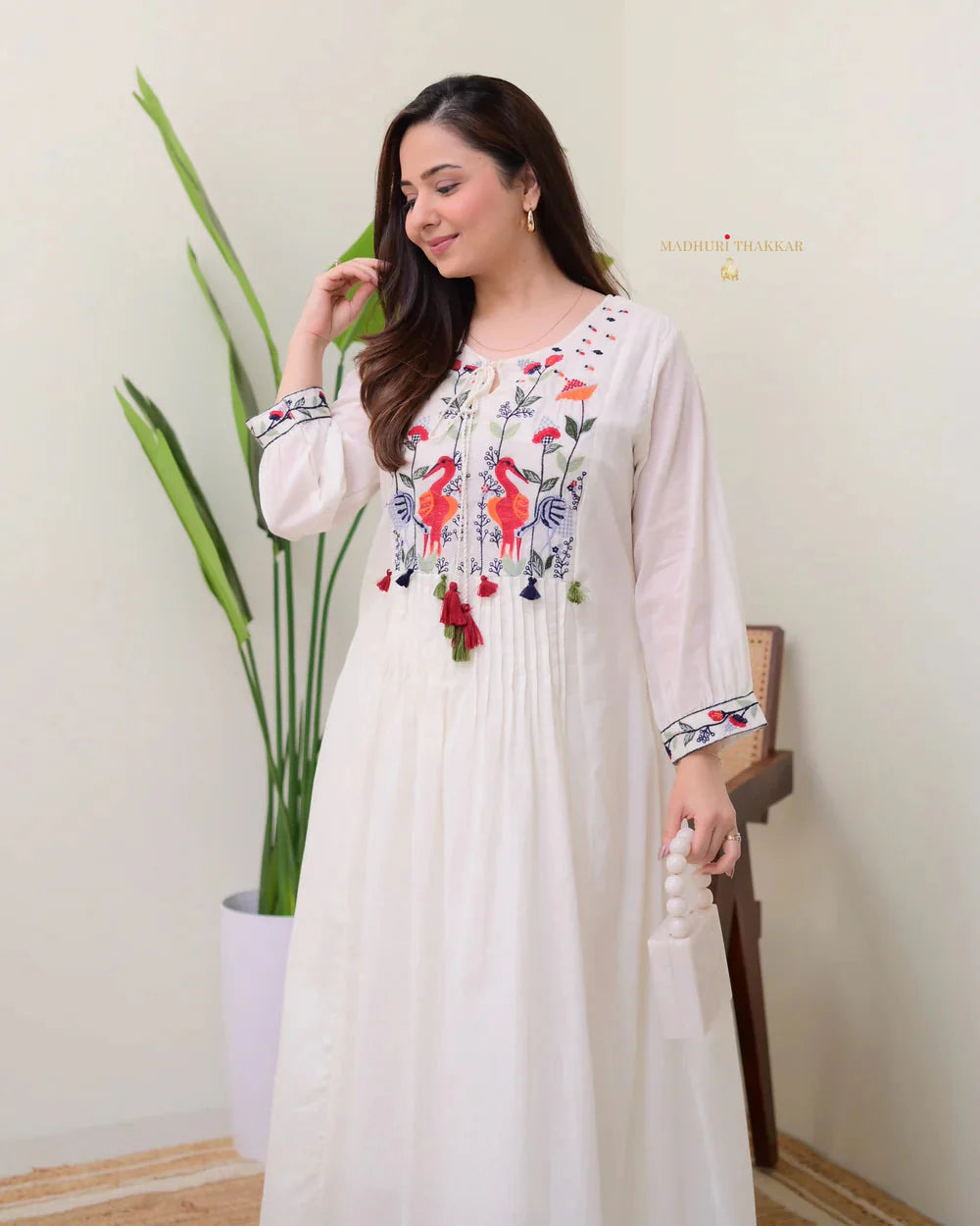 White Threadwork Mul Cotton A Line Kurta Set