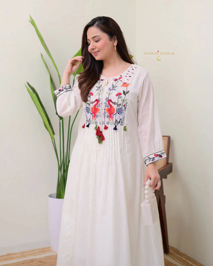 White Threadwork Mul Cotton A Line Kurta Set