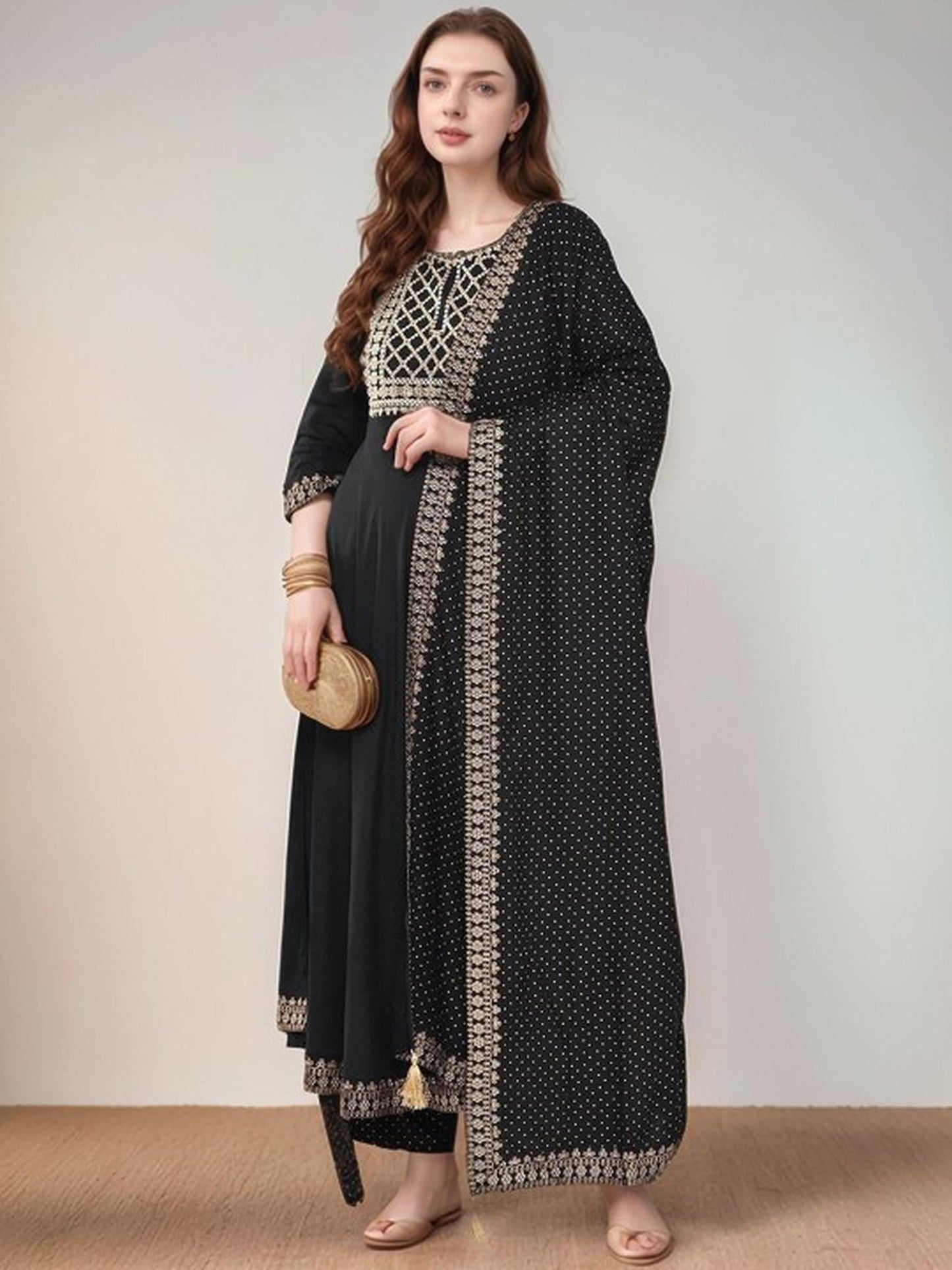 Black Cotton Kurta Pant and Dupatta Set