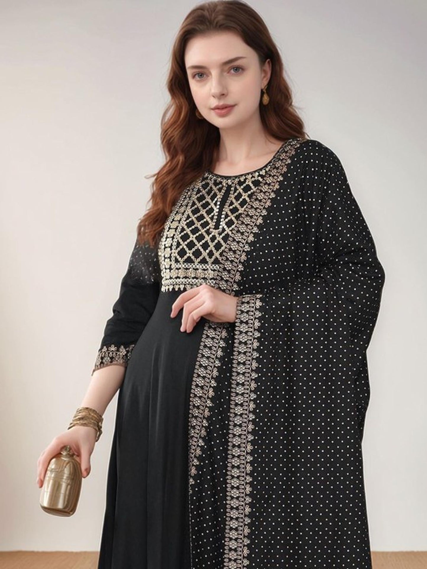 Black Cotton Kurta Pant and Dupatta Set