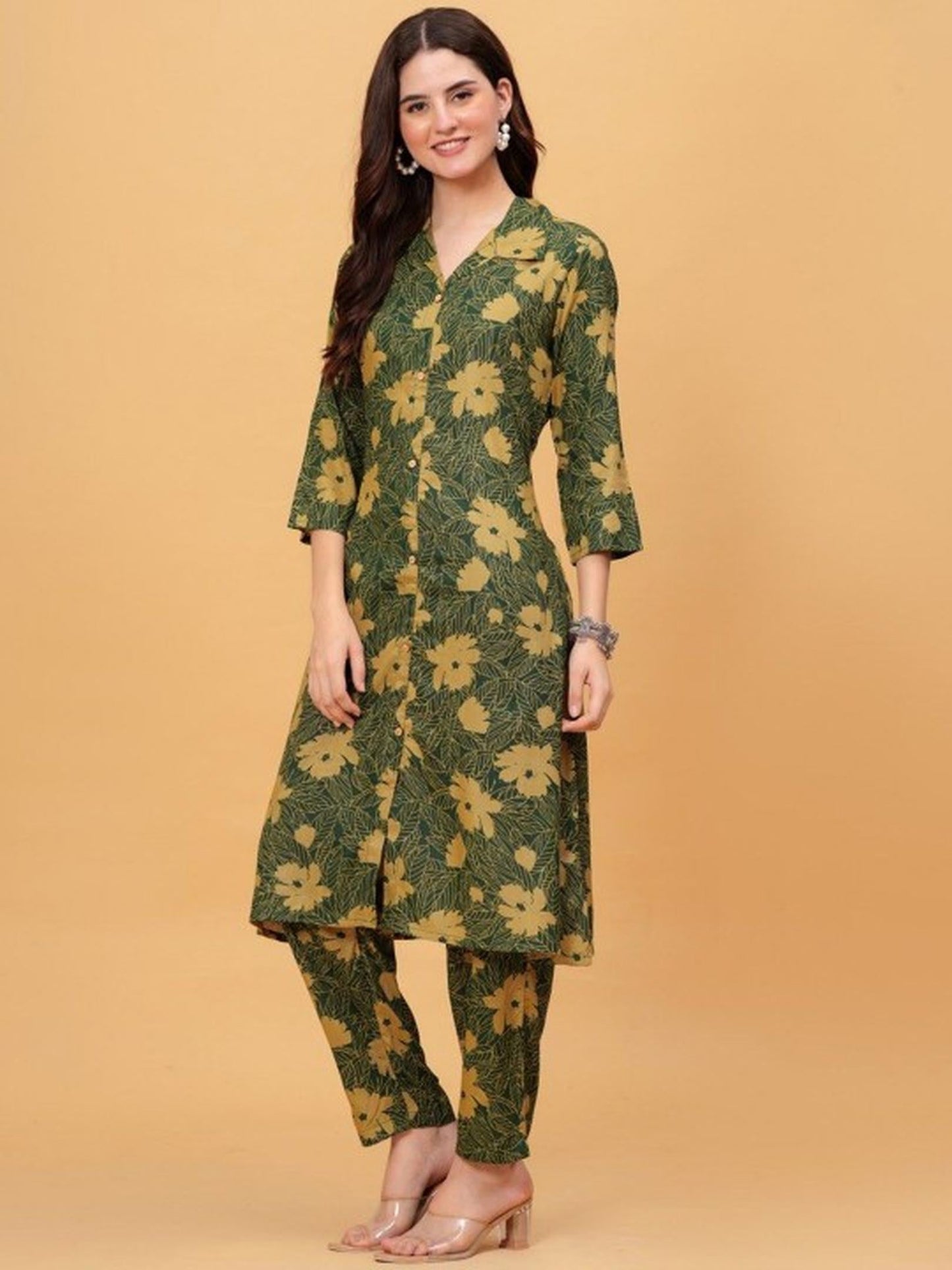 Green Floral Kurta Pant Set