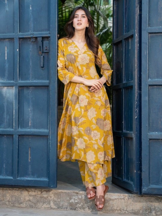 Floral Printed Pure Cotton A-Line Kurta with Palazzos