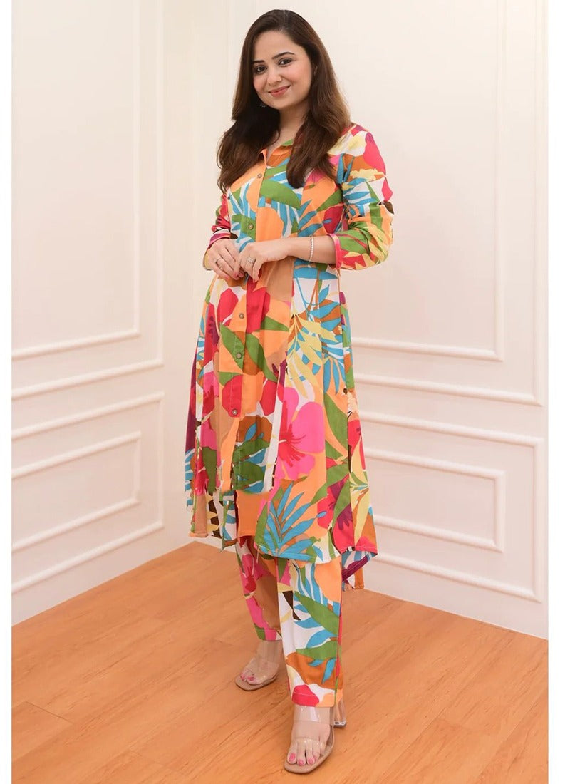 Multicolor Leaf Print Cotton Co-ord
