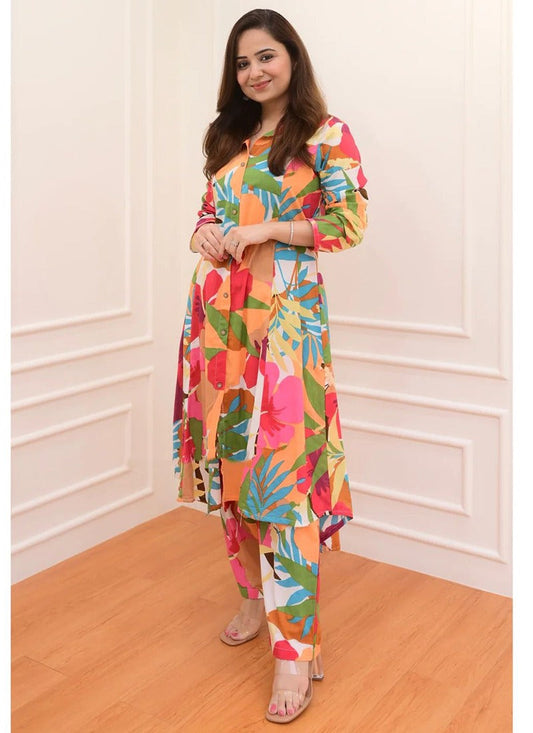 Multicolor Leaf Print Cotton Co-ord