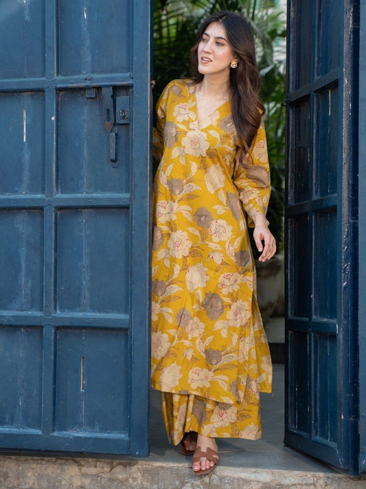 Floral Printed Pure Cotton A-Line Kurta with Palazzos