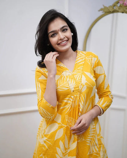 Leaf Printed Straight Cotton Kurta Pant Suit Set