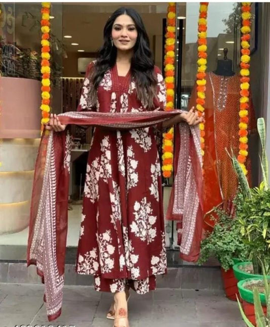 Maroon Floral Printed Anarkali Kurta Set with Dupatta