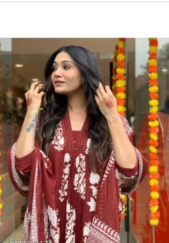 Maroon Floral Printed Anarkali Kurta Set with Dupatta