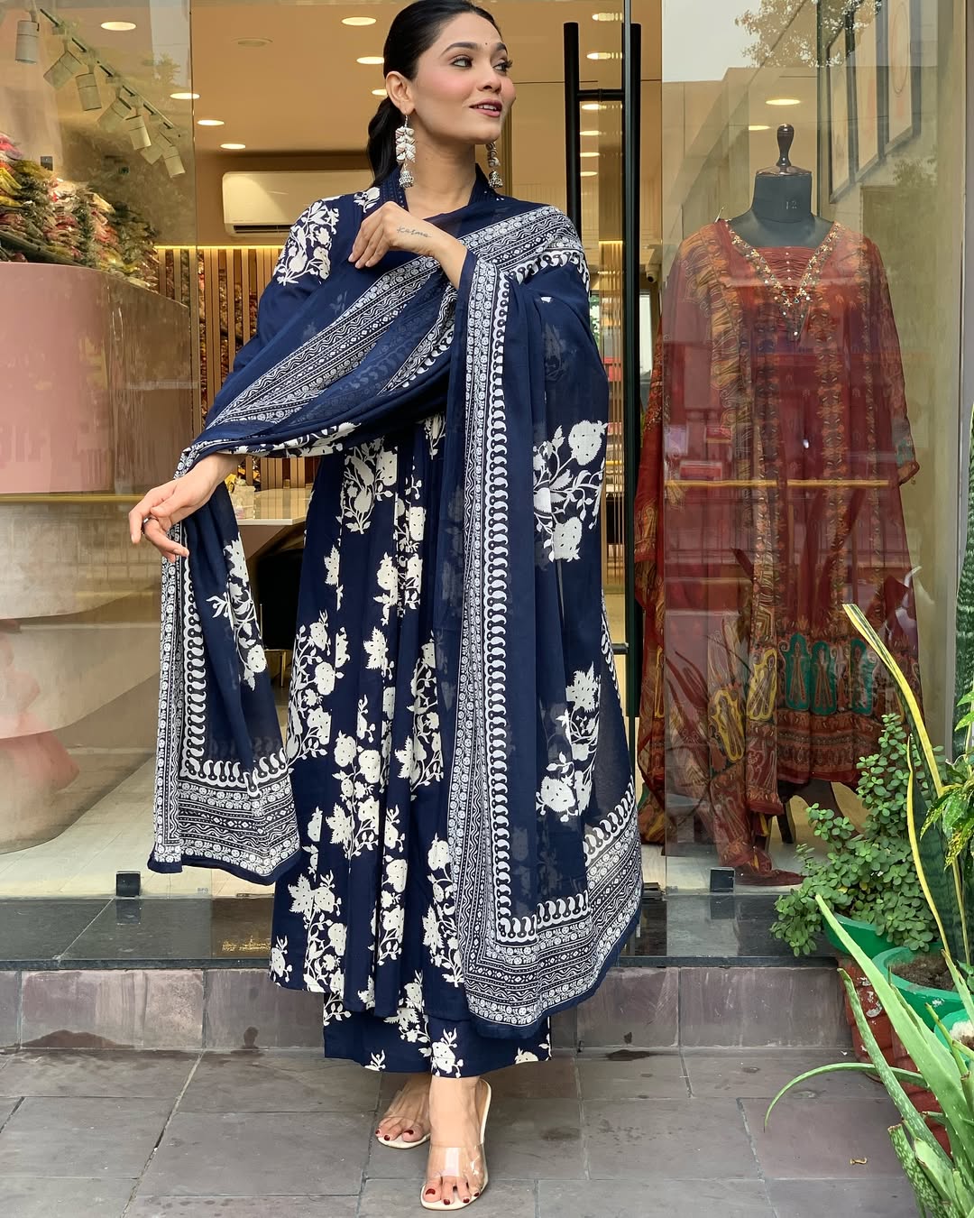 Blue Cotton Anarkali Kurta Pant and Dupatta Set