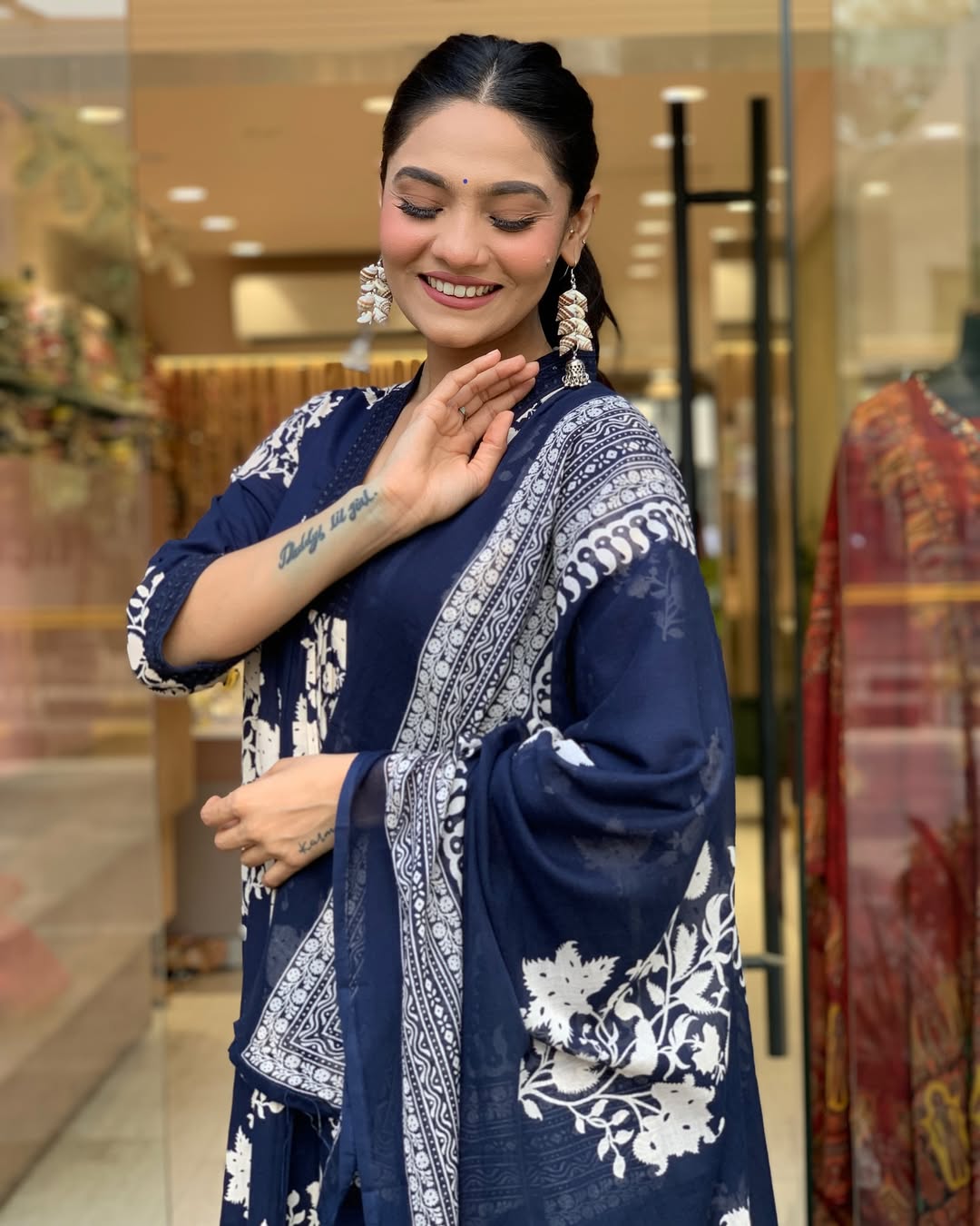 Blue Cotton Anarkali Kurta Pant and Dupatta Set