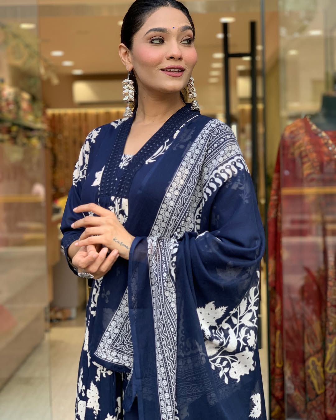 Blue Cotton Anarkali Kurta Pant and Dupatta Set