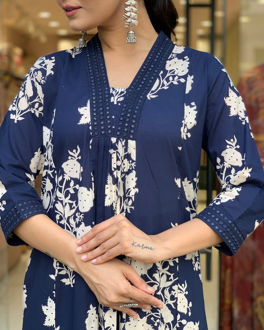 Blue Cotton Anarkali Kurta Pant and Dupatta Set