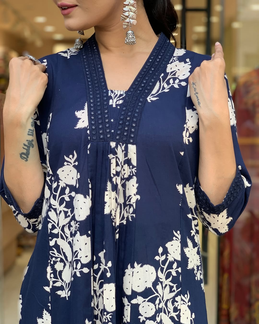 Blue Cotton Anarkali Kurta Pant and Dupatta Set