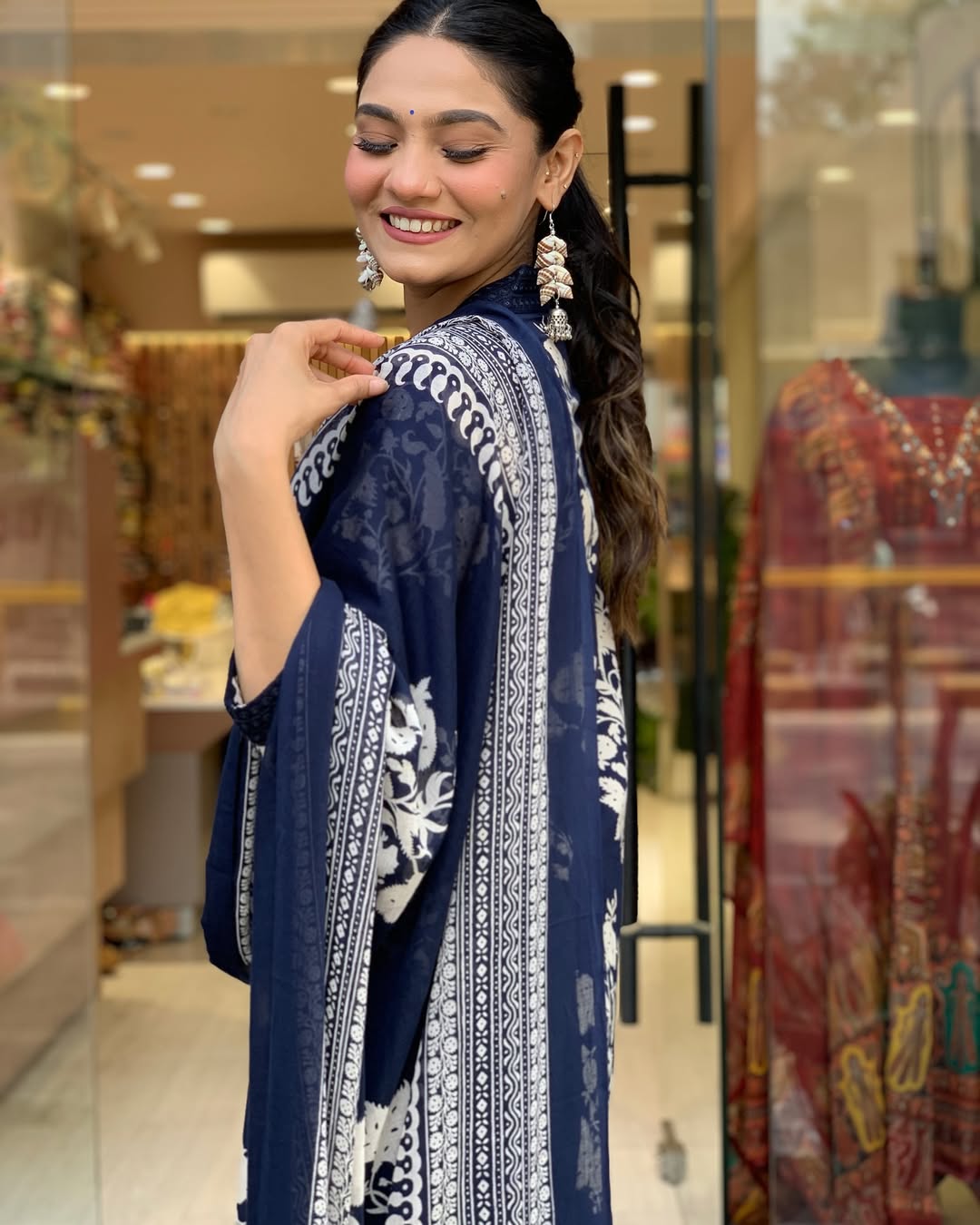 Blue Cotton Anarkali Kurta Pant and Dupatta Set