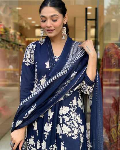 Blue Cotton Anarkali Kurta Pant and Dupatta Set