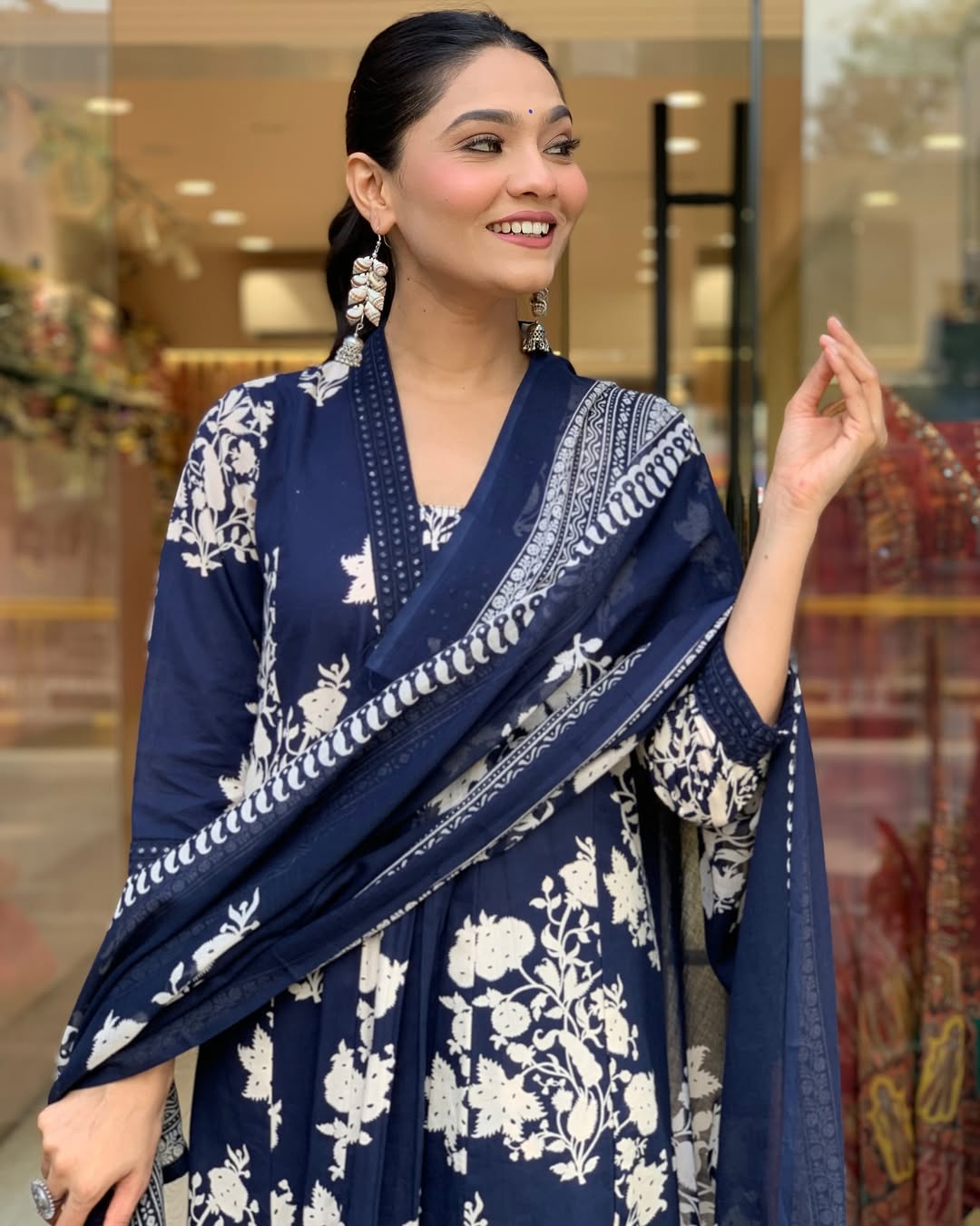 Blue Cotton Anarkali Kurta Pant and Dupatta Set