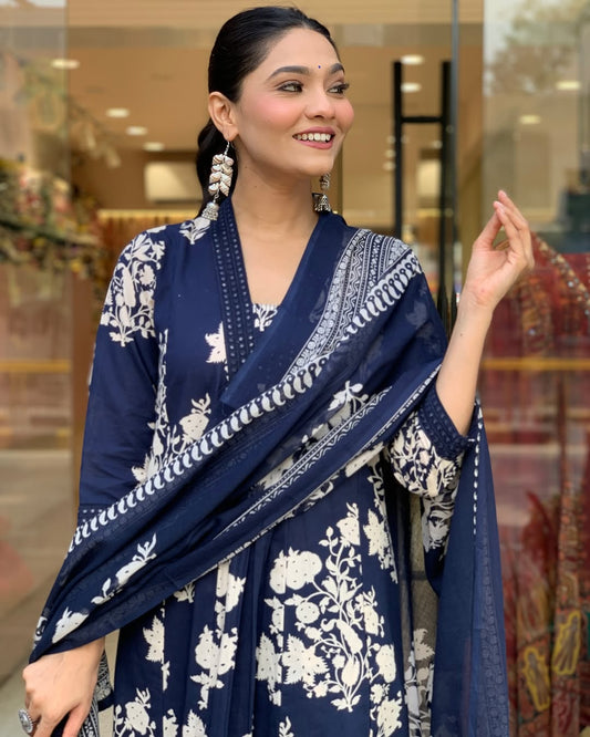 Blue Cotton Anarkali Kurta Pant and Dupatta Set