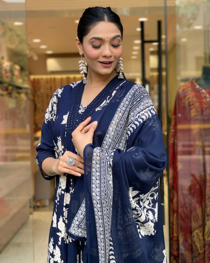 Blue Cotton Anarkali Kurta Pant and Dupatta Set