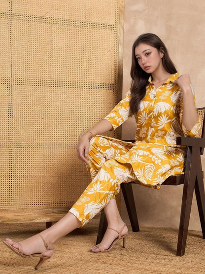 Orange Floral Kurta Pant Set