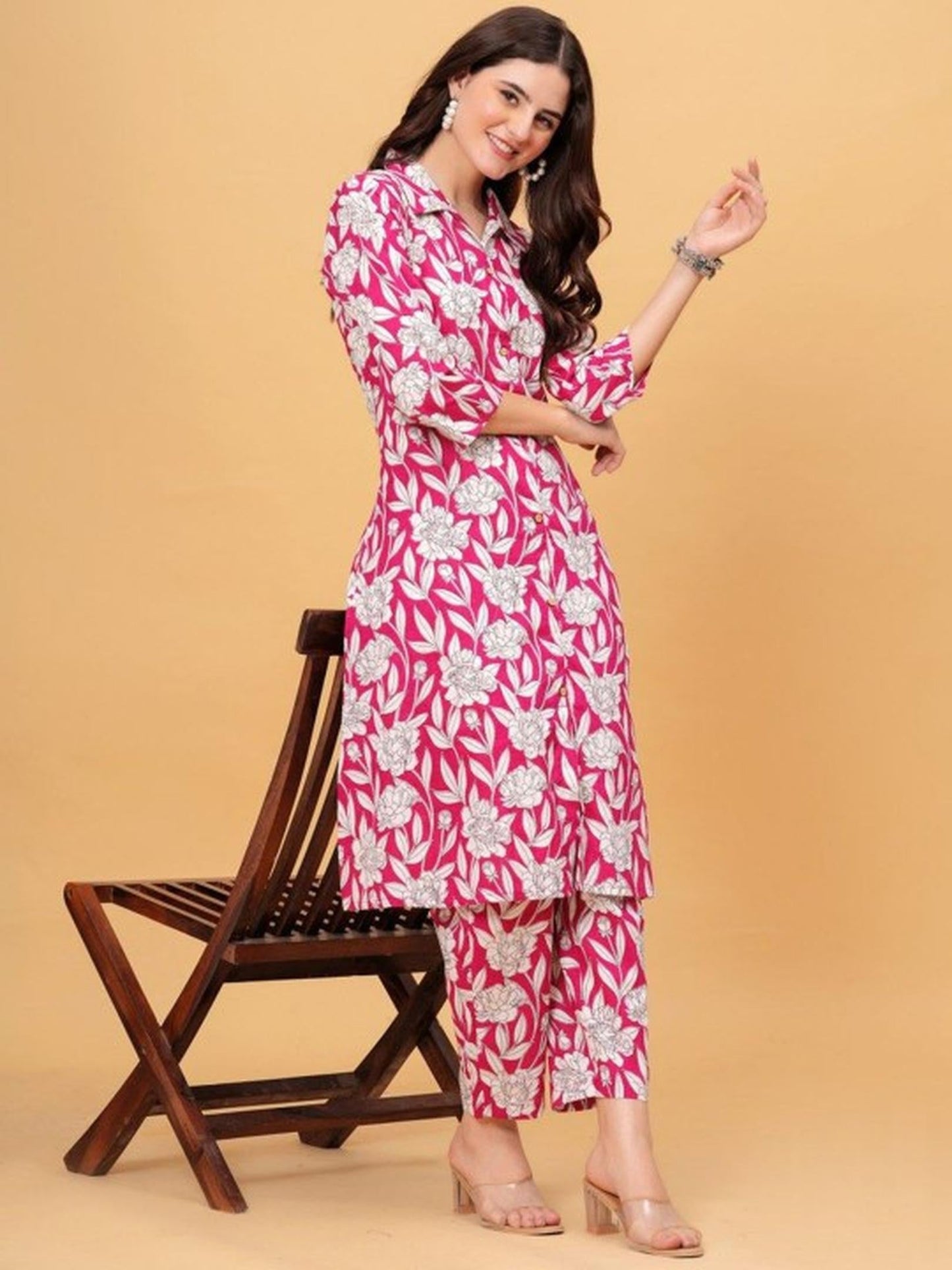 Pink Floral Kurta Pant Set