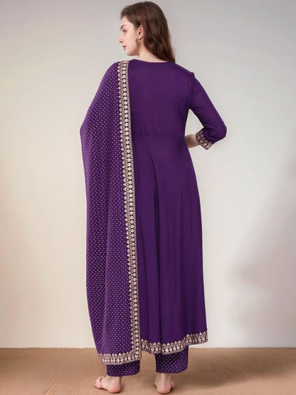 Purple Cotton Kurta Pant and Dupatta Set