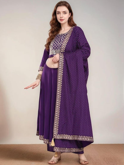Purple Cotton Kurta Pant and Dupatta Set