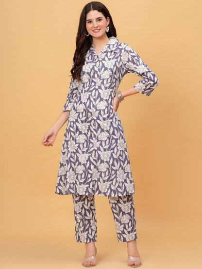 Purple Floral Kurta Pant Set