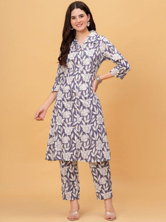 Purple Floral Kurta Pant Set