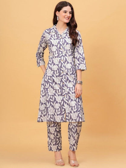 Purple Floral Kurta Pant Set