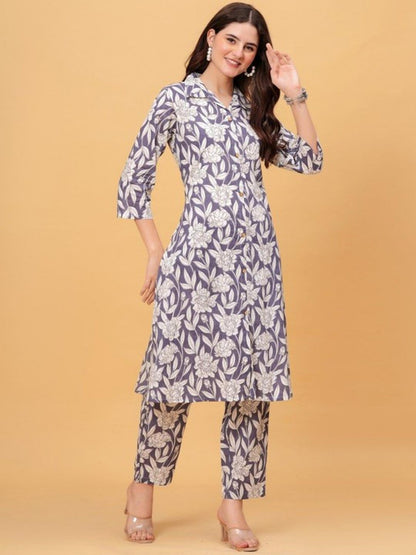 Purple Floral Kurta Pant Set