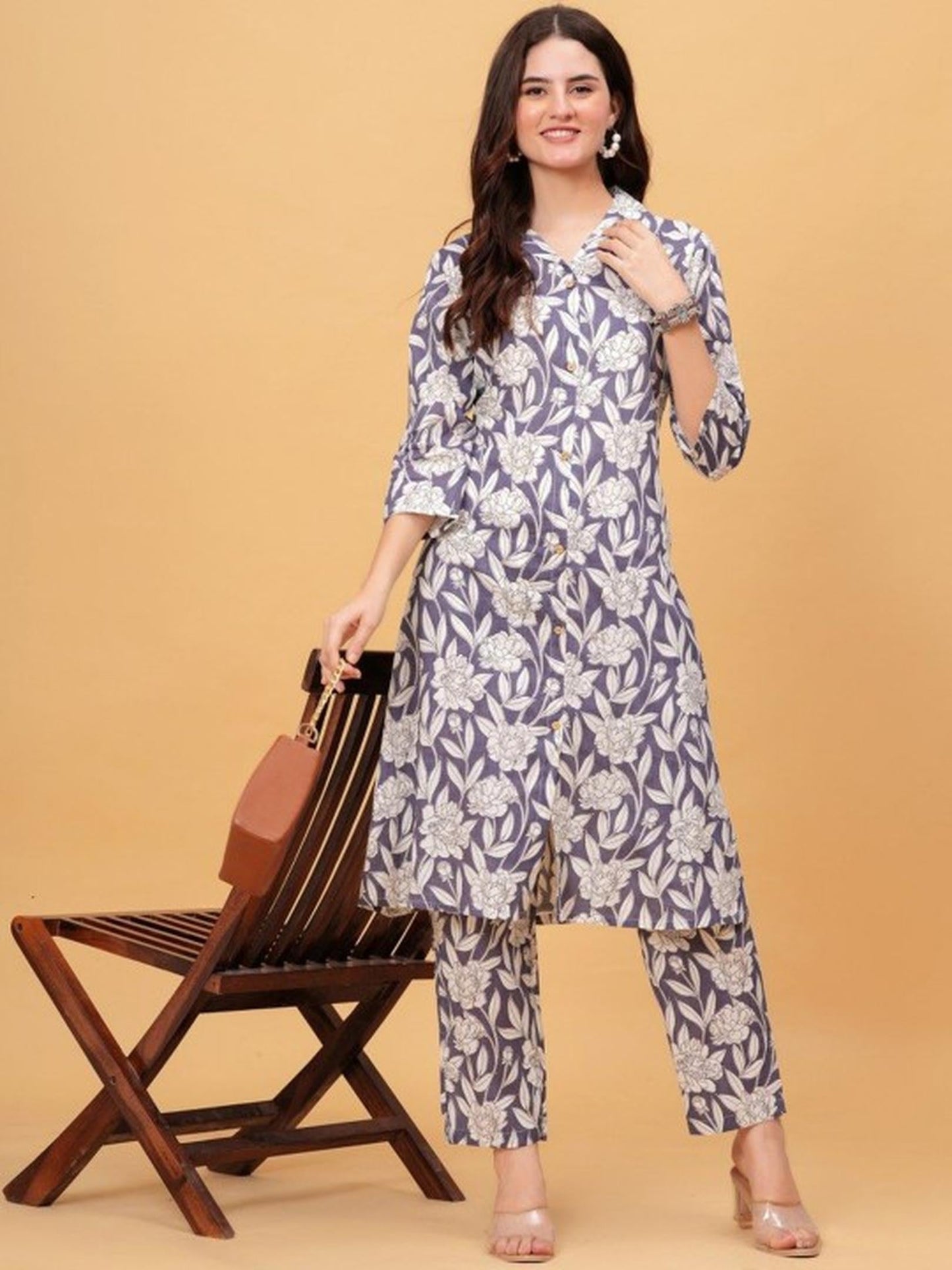 Purple Floral Kurta Pant Set