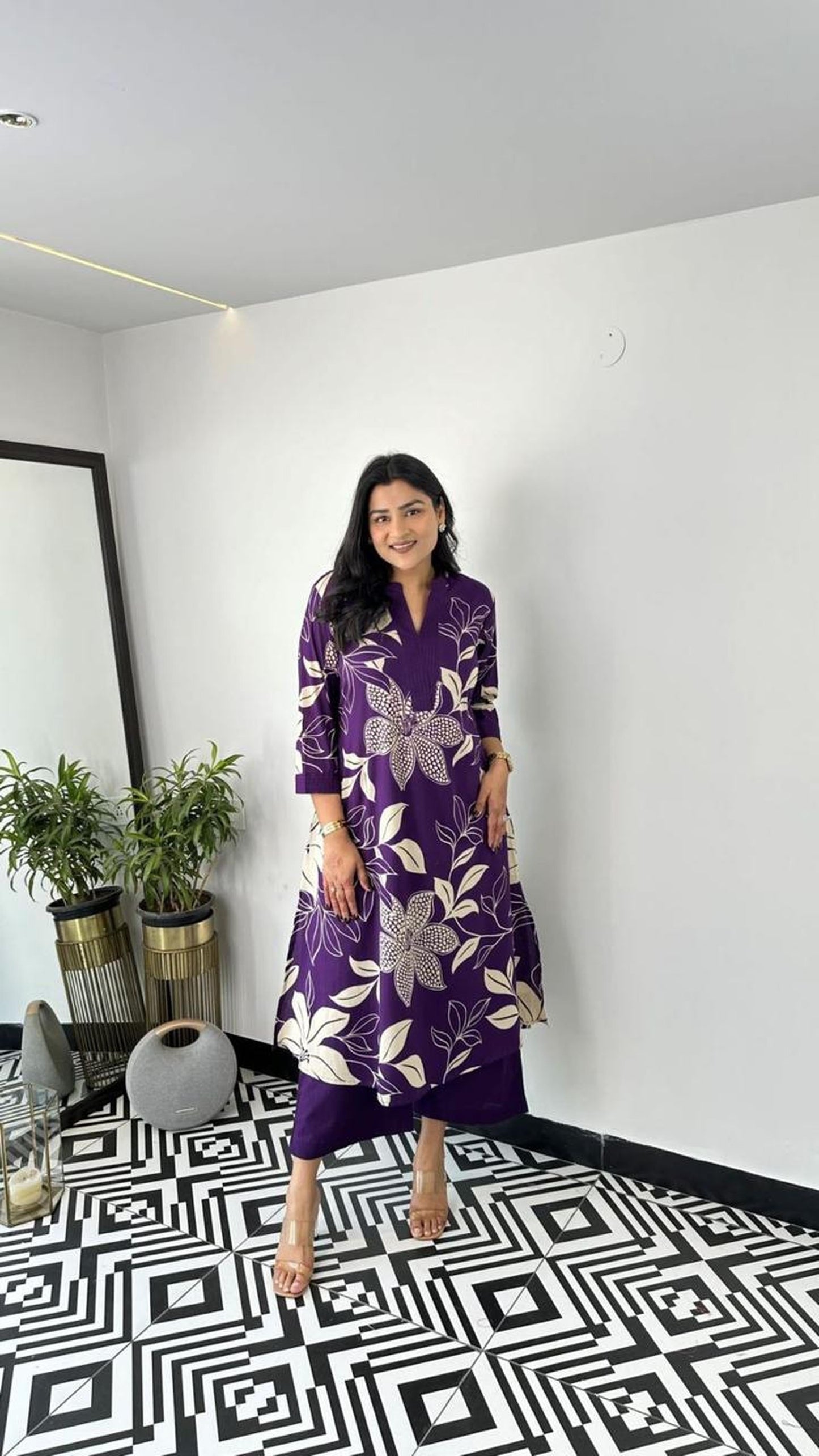 Purple Floral Printed Cotton Kurta and Pant Set